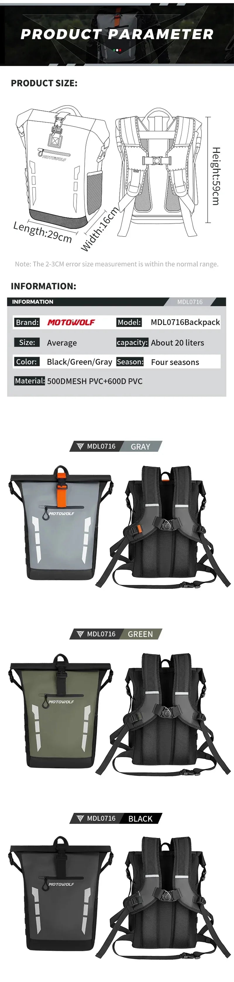 Reflective Waterproof Motorcycle Backpack 20L | Roll-Top Rider Bag |