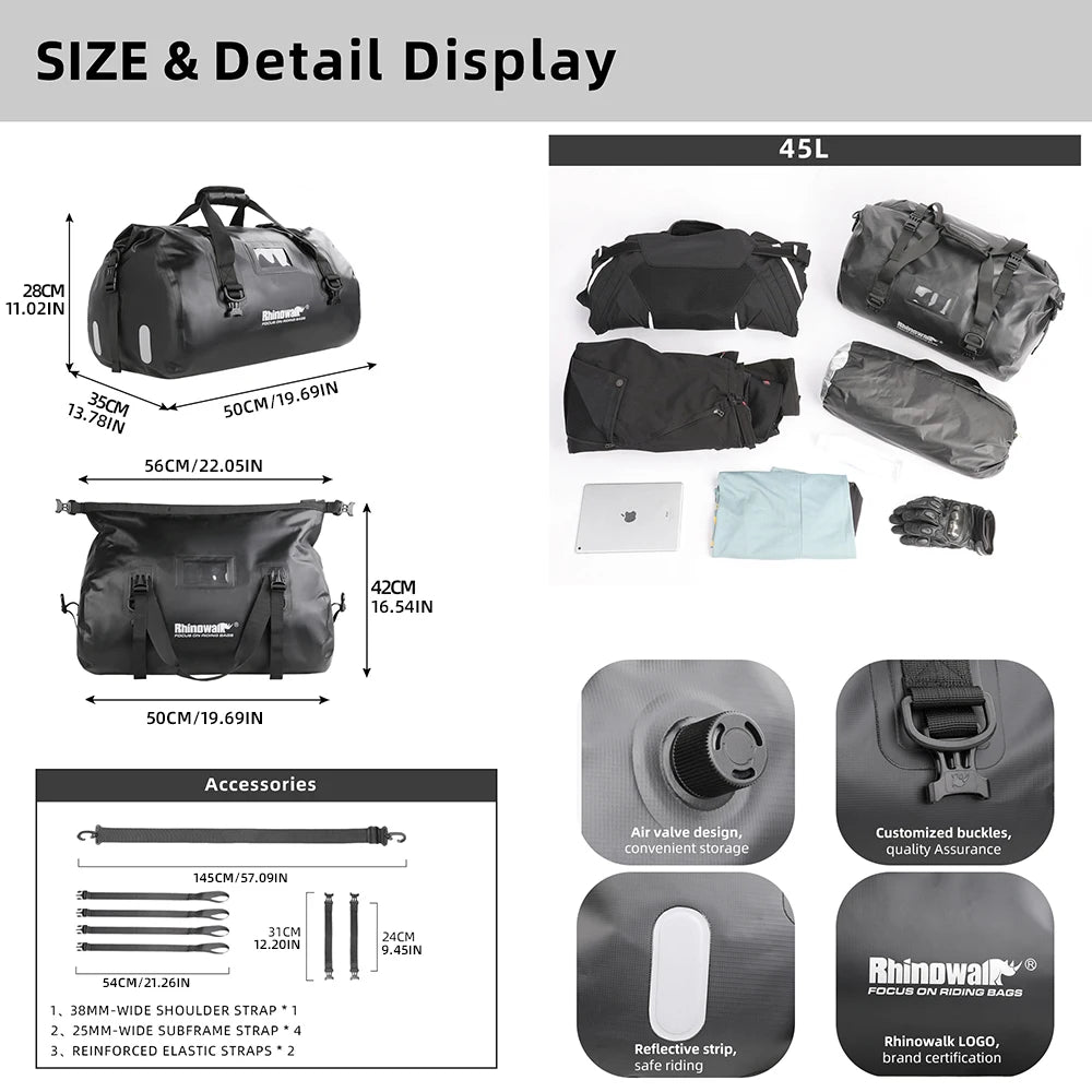 RhinoWalk 45L Waterproof Motorcycle Tail Bag | Durable Rear Seat Travel Luggage