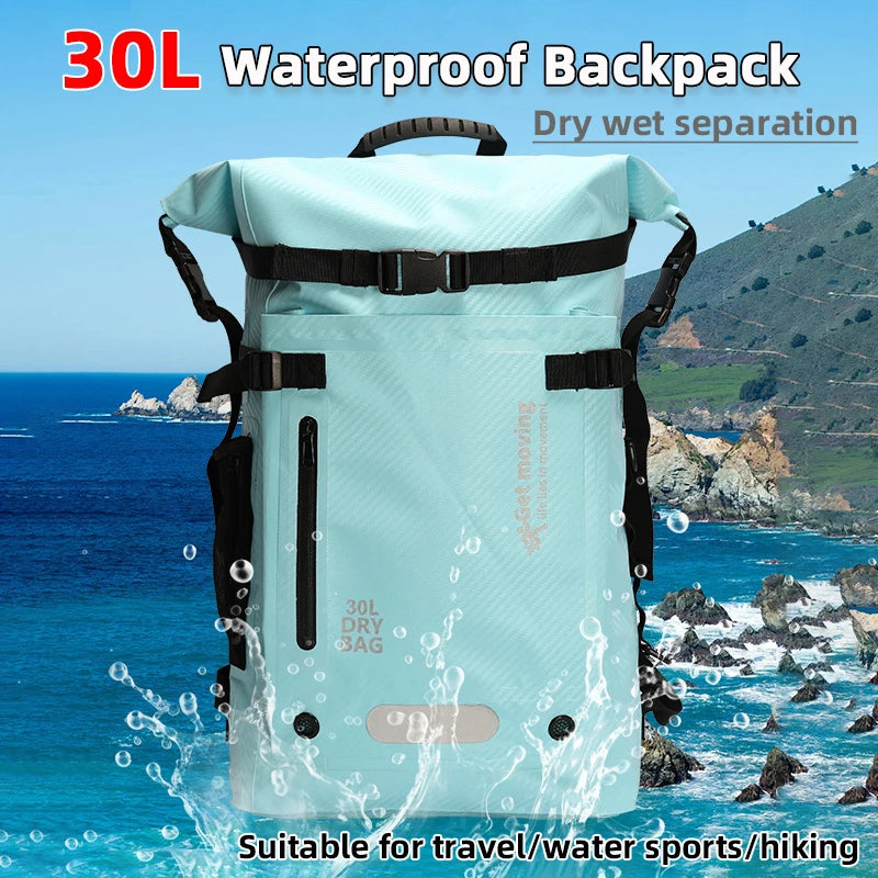 30L Waterproof Dry Backpack – Roll-Top Bag with Dry & Wet Separation for Beach, Kayaking & Travel