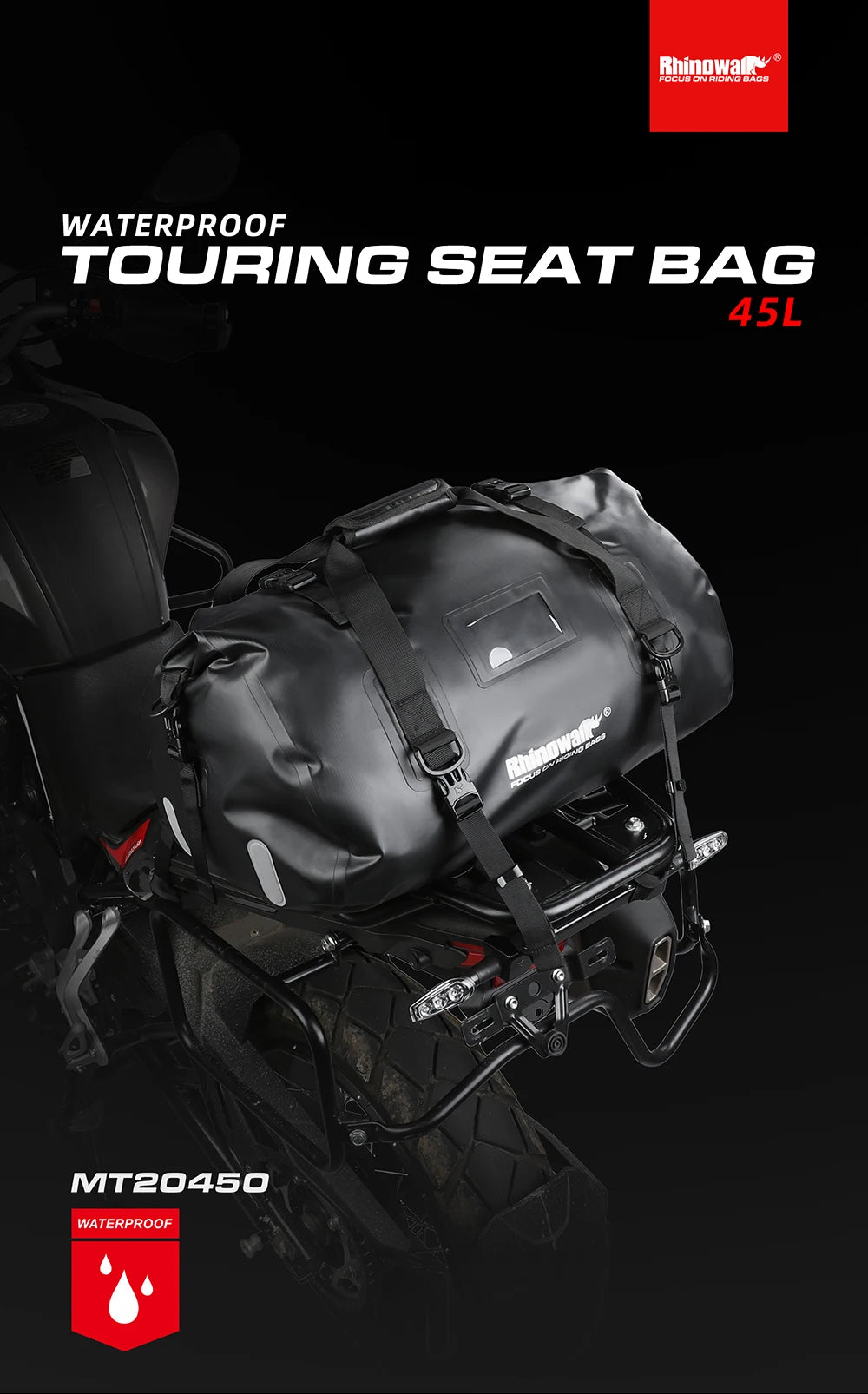 RhinoWalk 45L Waterproof Motorcycle Tail Bag | Durable Rear Seat Travel Luggage