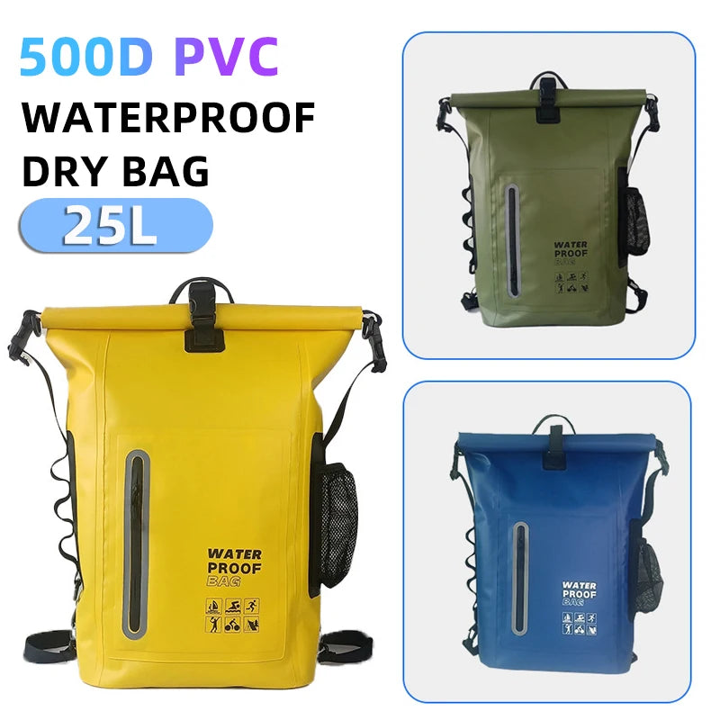 25L Waterproof Dry Backpack – Roll-Top PVC Bag for Kayaking, Beach, Hiking & Travel