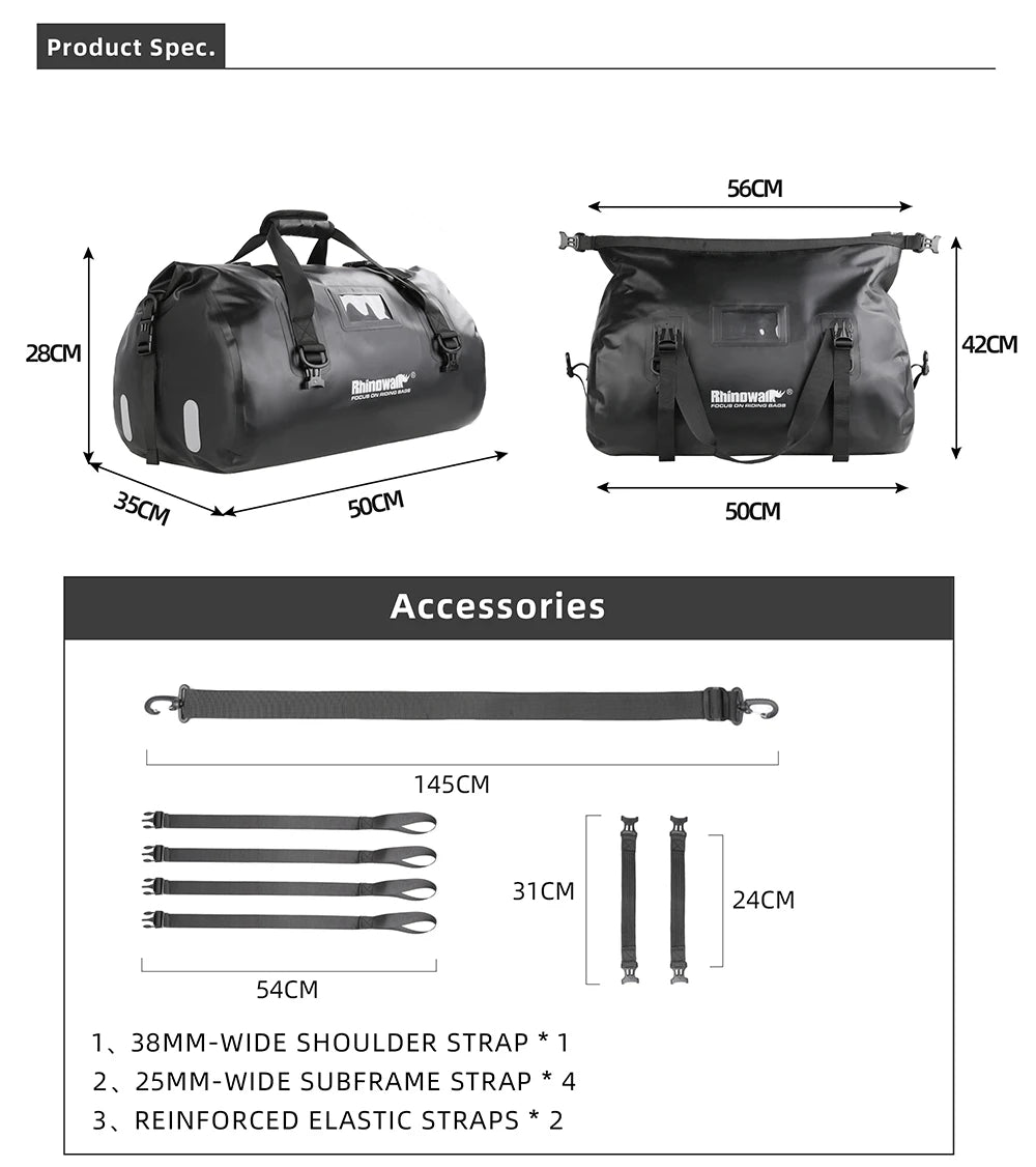 RhinoWalk 45L Waterproof Motorcycle Tail Bag | Durable Rear Seat Travel Luggage