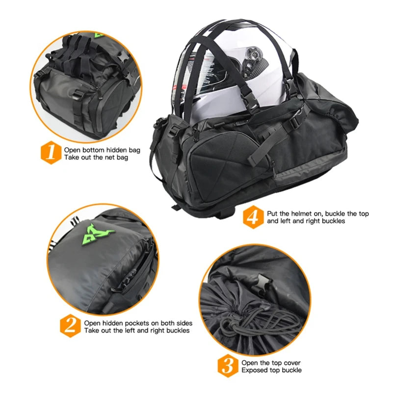 48L Waterproof Motorcycle Tail Bag Backpack | Helmet & Travel Luggage