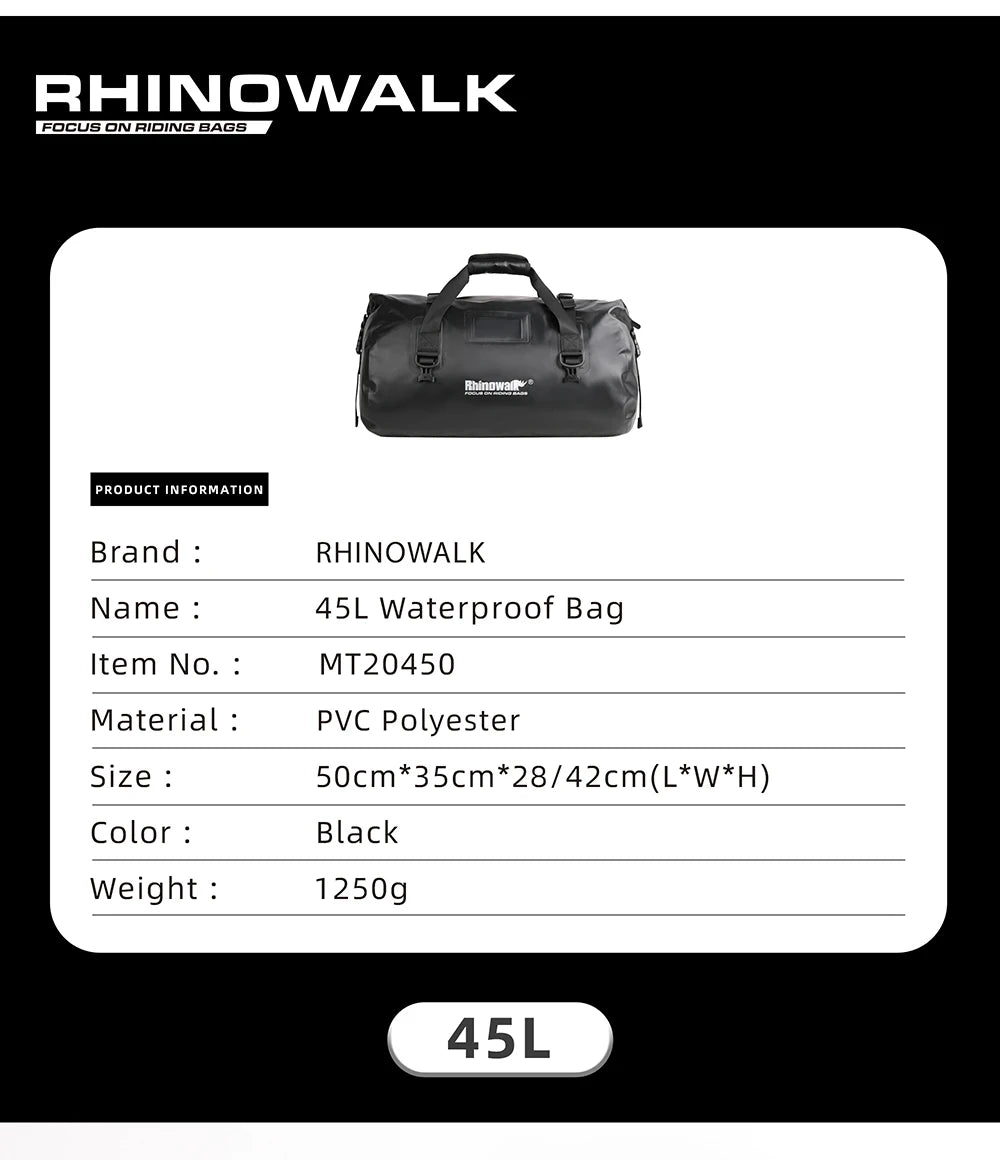 RhinoWalk 45L Waterproof Motorcycle Tail Bag | Durable Rear Seat Travel Luggage