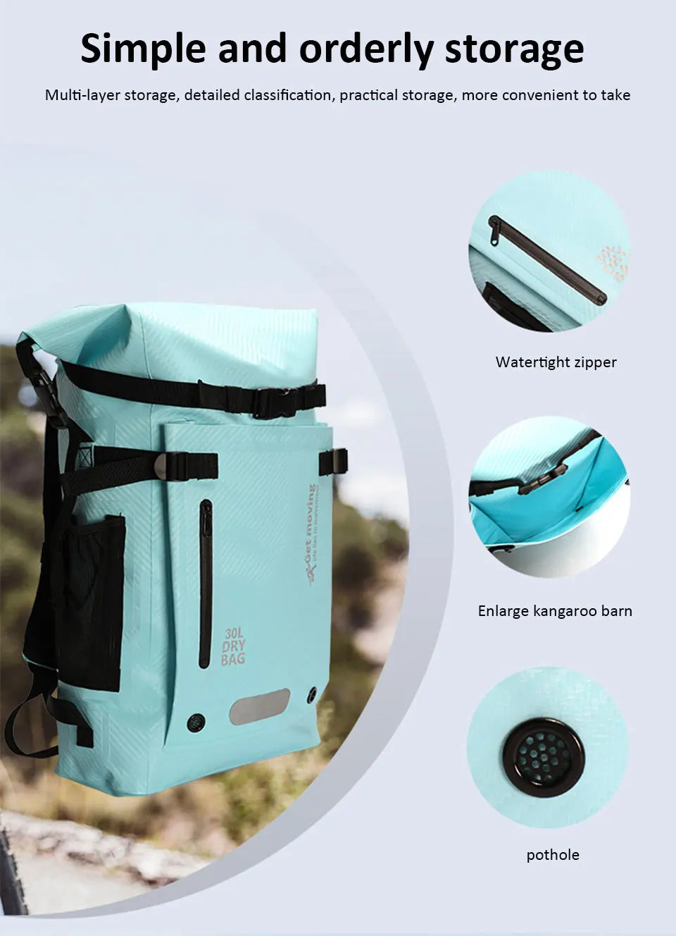 30L Waterproof Dry Backpack – Roll-Top Bag with Dry & Wet Separation for Beach, Kayaking & Travel