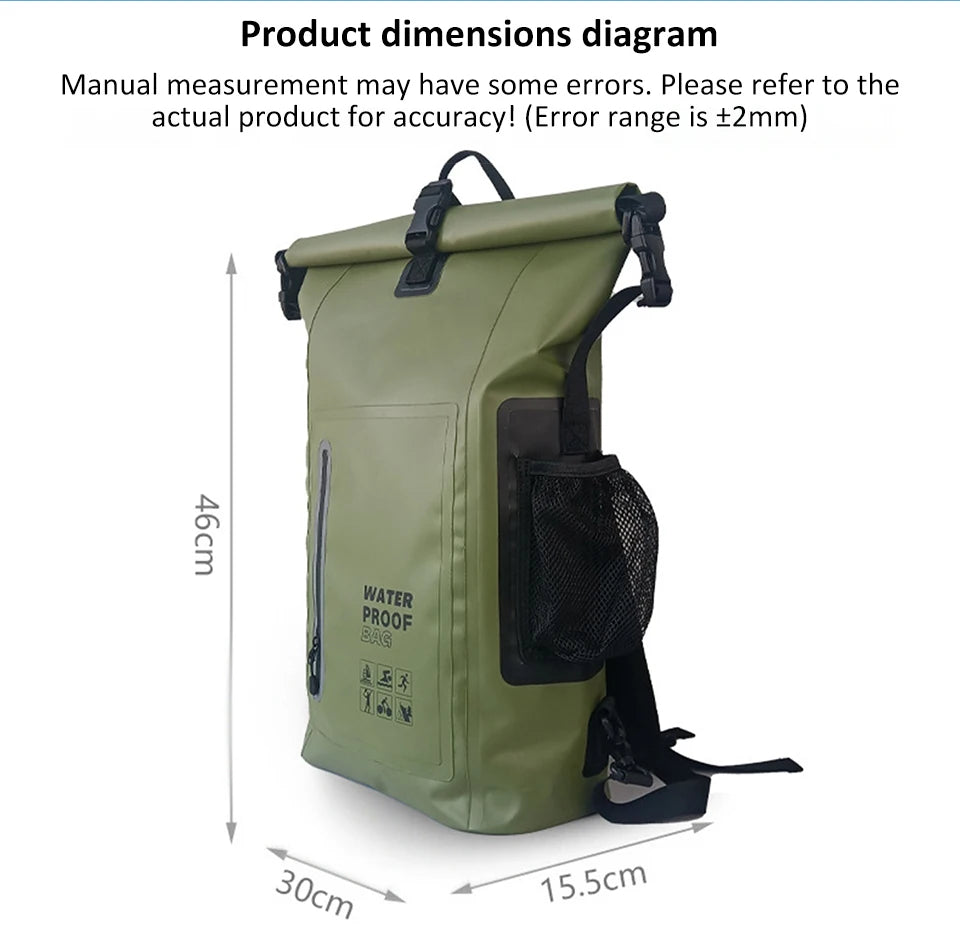 25L Waterproof Dry Backpack – Roll-Top PVC Bag for Kayaking, Beach, Hiking & Travel