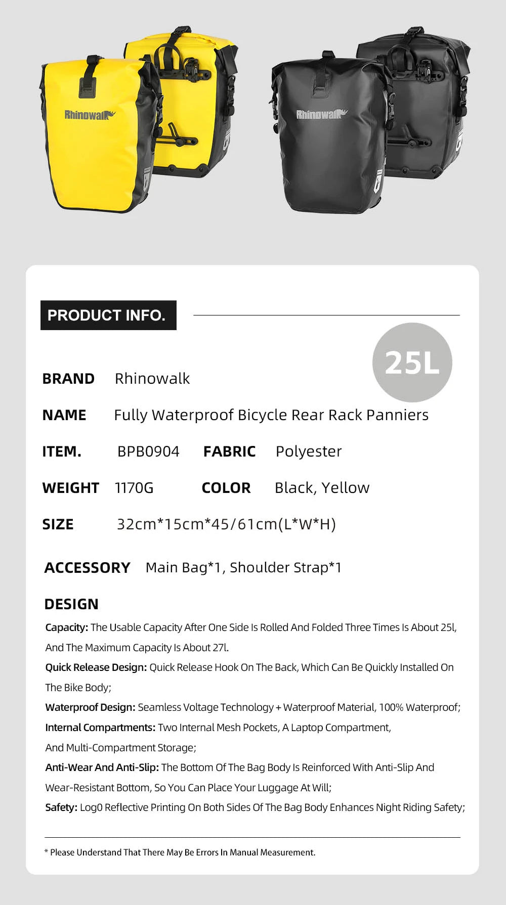 Waterproof Bike Pannier 27L | Quick Release Rear Rack Bag